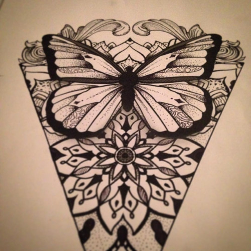 Exiting dotwork butterfly with floral elements tattoo design