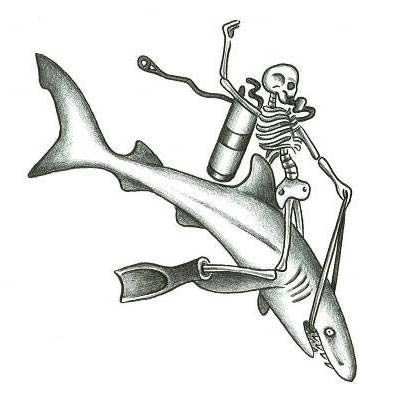 Exiting grey-color skeleton riding shark tattoo design