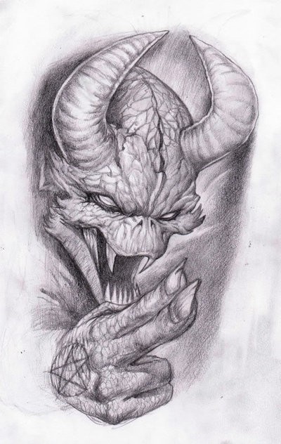 Exiting grey-ink demon tattoo design by Omegaman