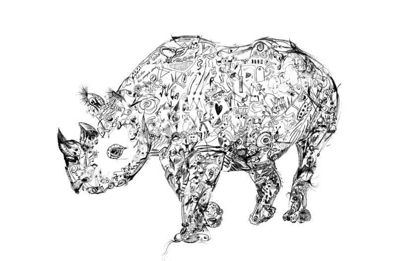 Exiting grey-ink rhino with detailed pattern tattoo design
