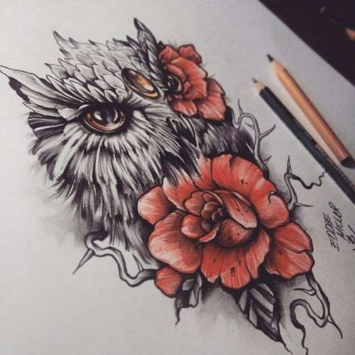 Exiting grey owl and bright red roses tattoo design