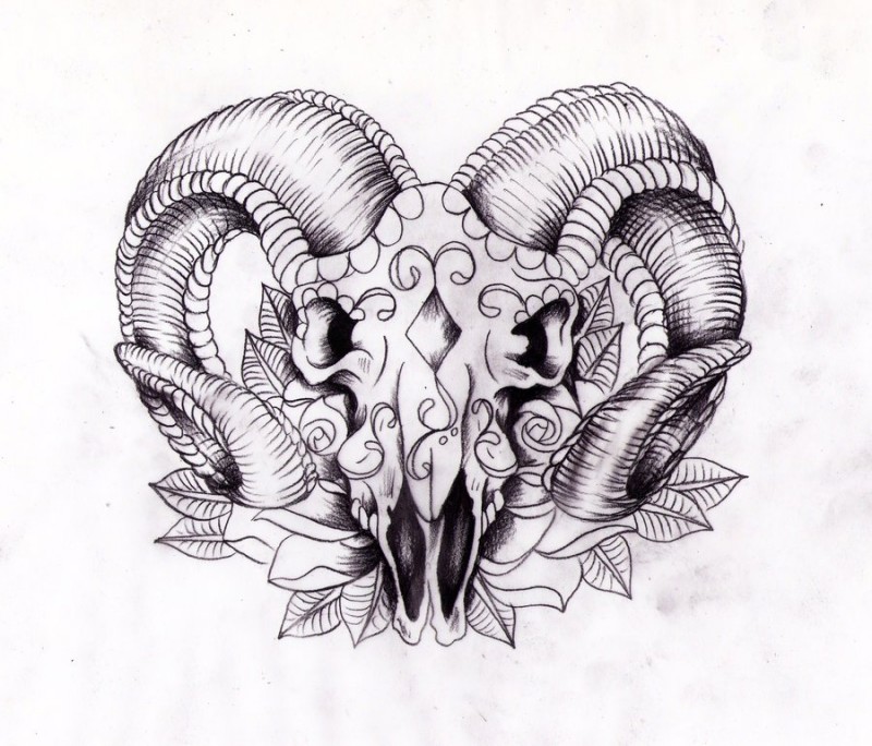 Exiting muerte ram skull on leaves background tattoo design