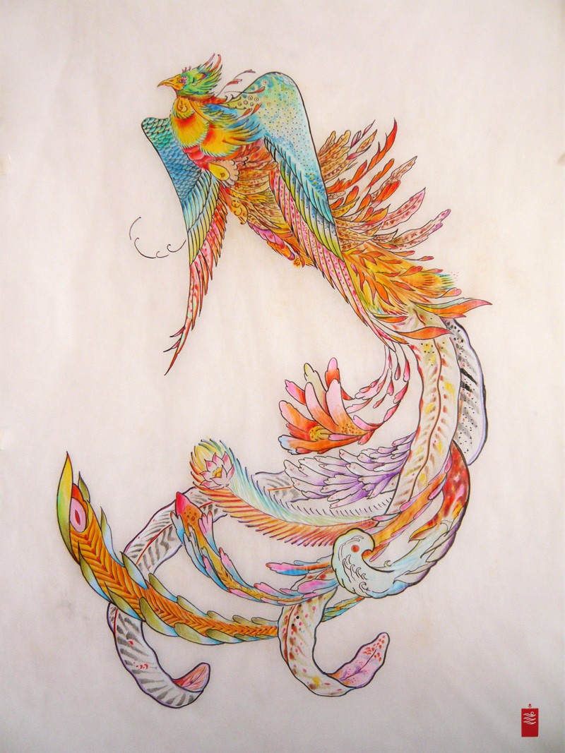 Exiting rainbow-colored flying phoenix with extra-long tail tattoo design