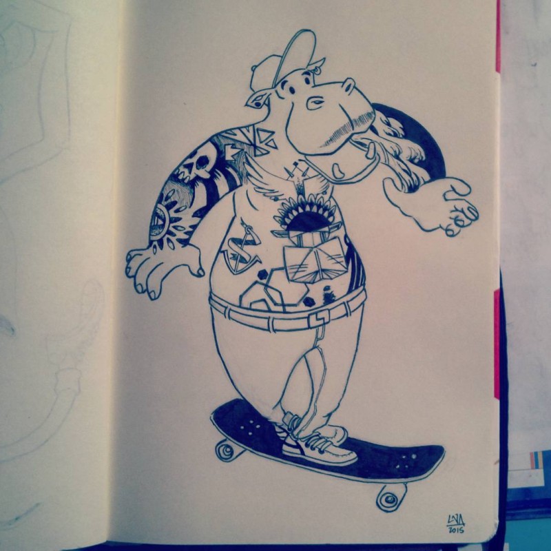 Exiting tattooed hippo riding skate tattoo design