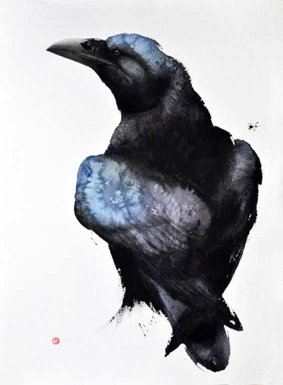 Exiting watercolor raven with blue spots tattoo design
