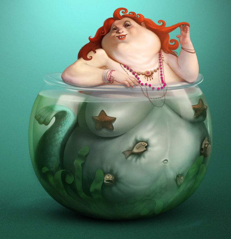 Extra-fat mermaid with ginger hair filling whole aquarium with her body tattoo design