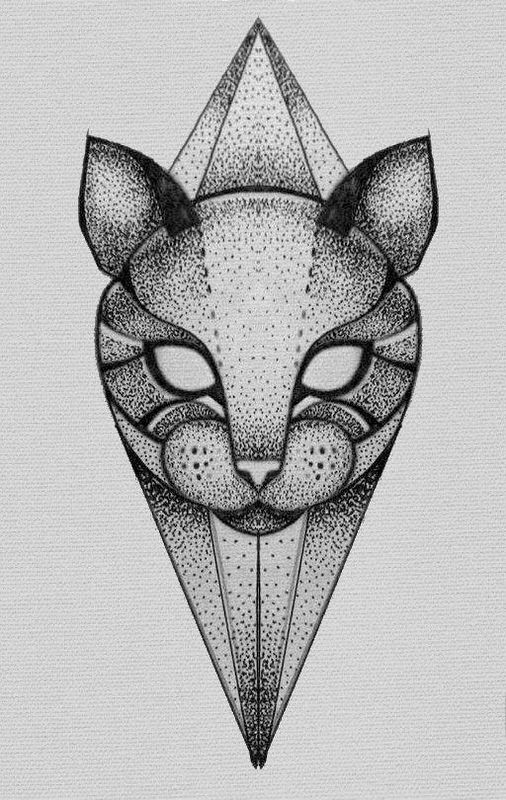 Eyeless dotwork cat with geometric elements tattoo design