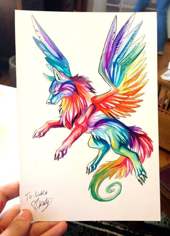 Fablulous rainbow colored animal with giant wings tattoo design