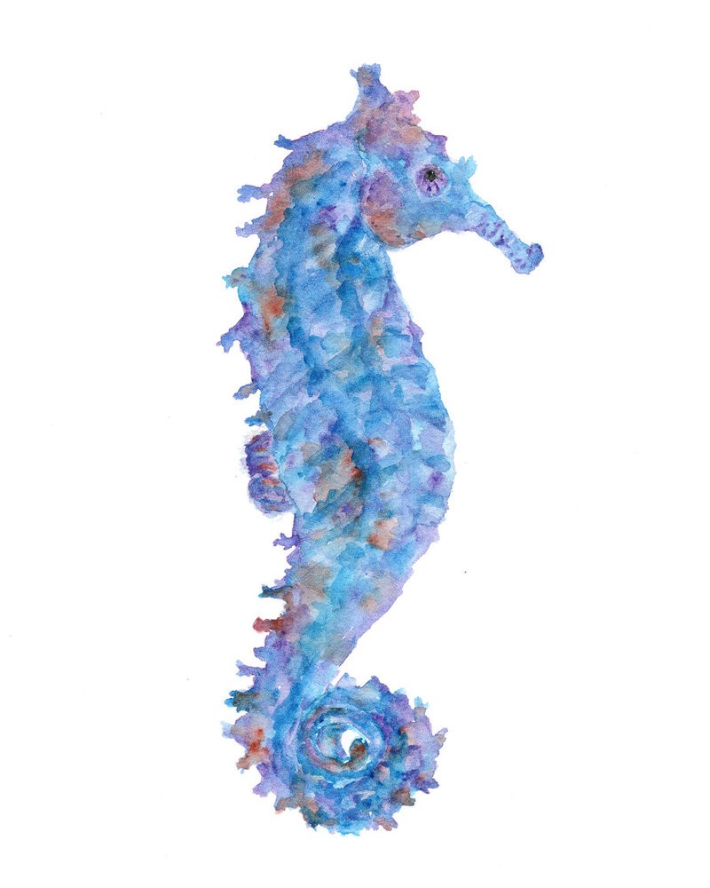 Fabulous blue watercolor seahorse tattoo design by Thimble Sparrow