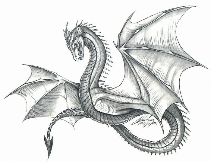 Fabulous grey-ink spread-wing flying dragon tattoo design