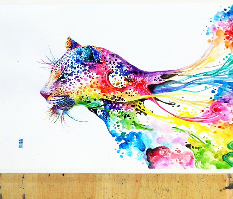 Fabulous jaguar head with rainbow watercolor smudges tattoo design