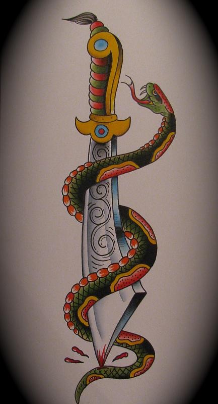 Fabulous old school snake curled around huge dagger tattoo design