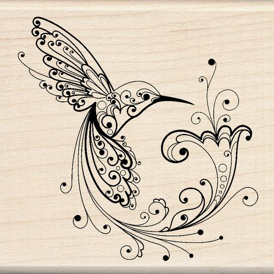 Fairy black-line hummingbird with swirly elements tattoo design