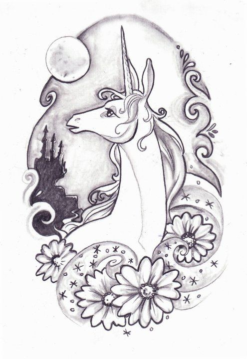 Fairy grey-ink unicorn in floral frame with castle view background tattoo design