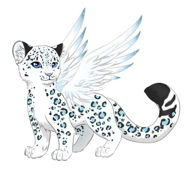 Fairy snow leopard with blue spots and angel wings tattoo design