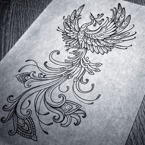 Fairy uncolored bird with curled featheres tattoo design - Tattooimages.biz