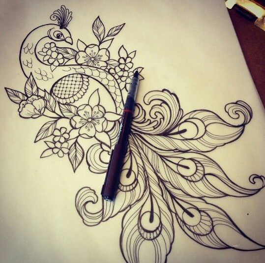 Fairy uncolored peacock with small cherry flowers tattoo design