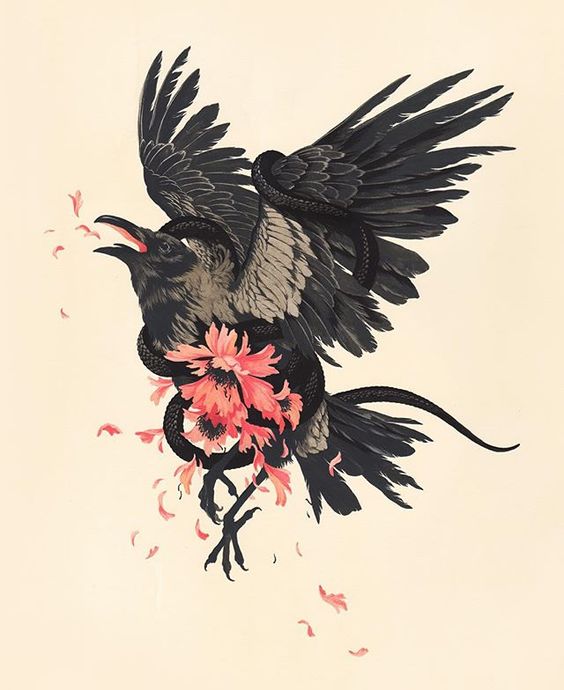 Falling raven curled with black snake and pink flowers tattoo design