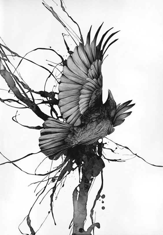 Falling raven on black splashes background tattoo design