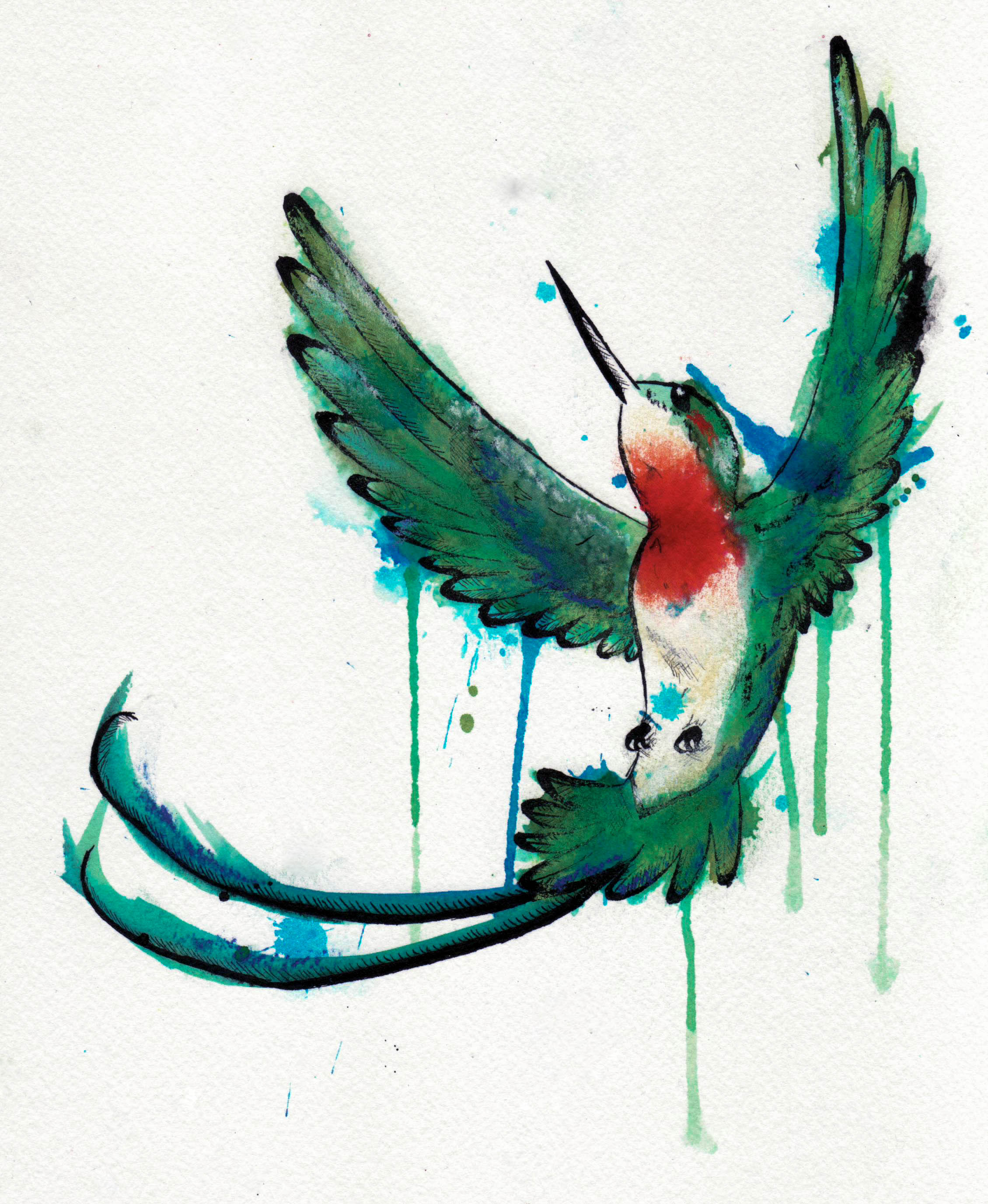 Falling watercolor hummingbird with red neck in smudges tattoo design
