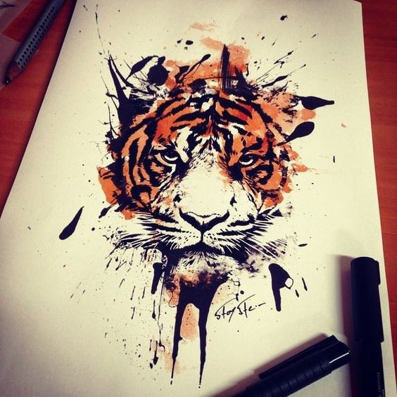 Fantastic black-and-orange splashed wild animal head tattoo design