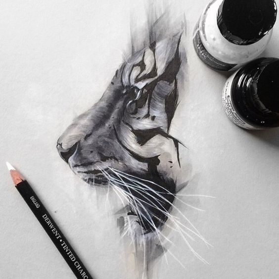 Fantastic black-and-white tiger muzzle in profile tattoo design