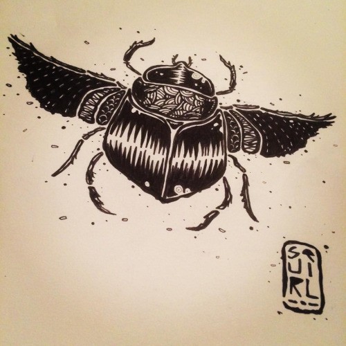 Fantastic black-ink bug with open wings tattoo design