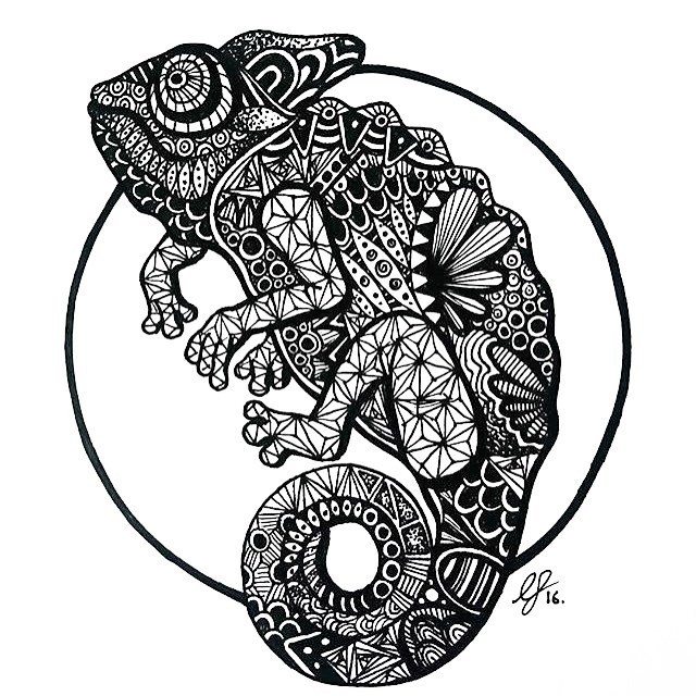 Fantastic black-ink printed chameleon in circle tattoo design