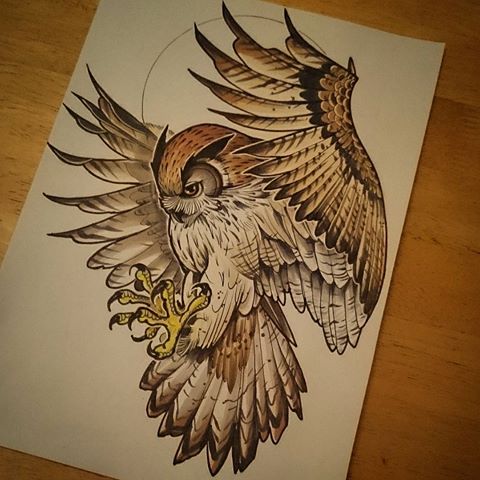 Fantastic brown new school flying owl tattoo design