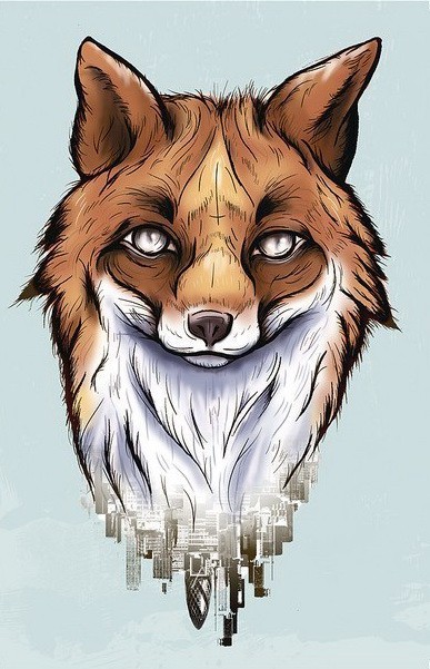 Fantastic colorful blind-eyed fox turning into city view tattoo design