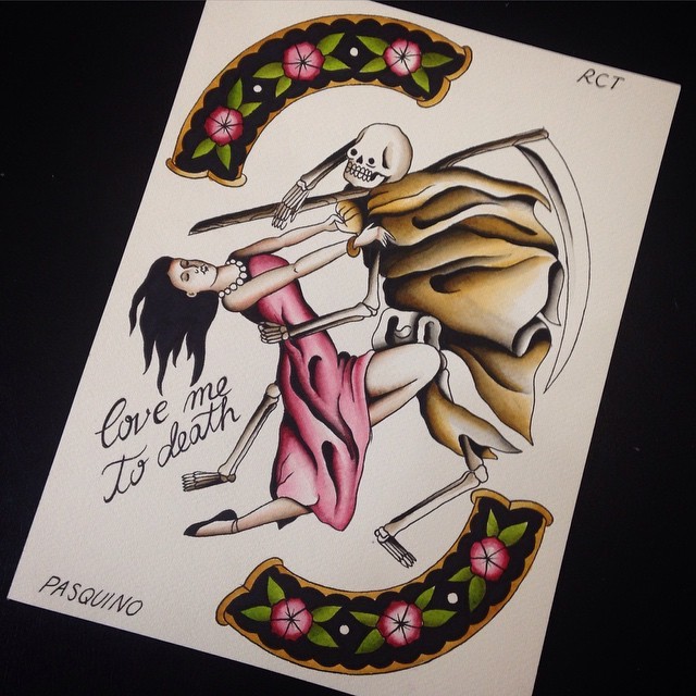 Dança de morte colorida fantástica com um desenho de tatuagem de menina bonito