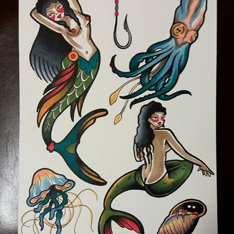 Fantastic colorful old school mermaids with ocean creatures tattoo design