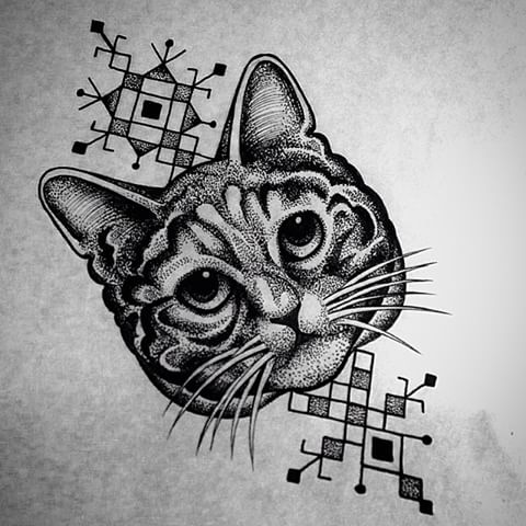Fantastic dotwork cat face and folk geometric ornament tattoo design
