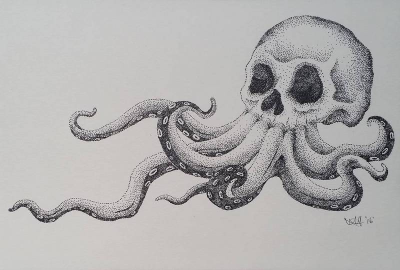 Fantastic dotwork octopus with human skull head tattoo design