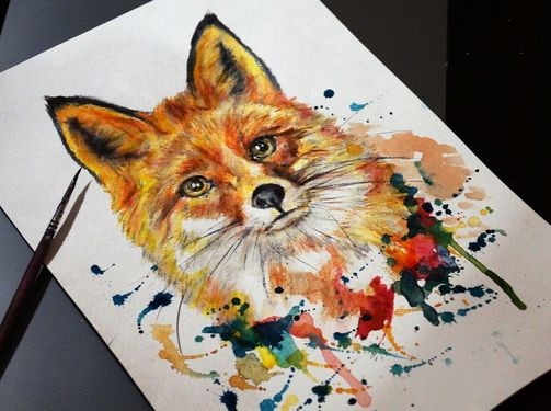 Fantastic orange fox in vivid watercolor spots tattoo design