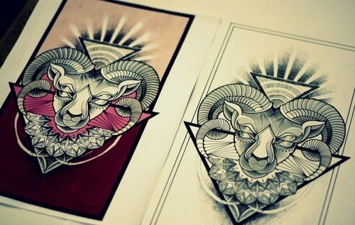 Fantastic ram head with mandala and geometric elements tattoo design