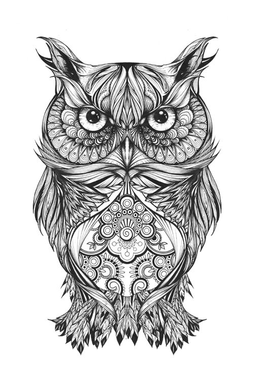 Fantastic serious patterned owl tattoo design