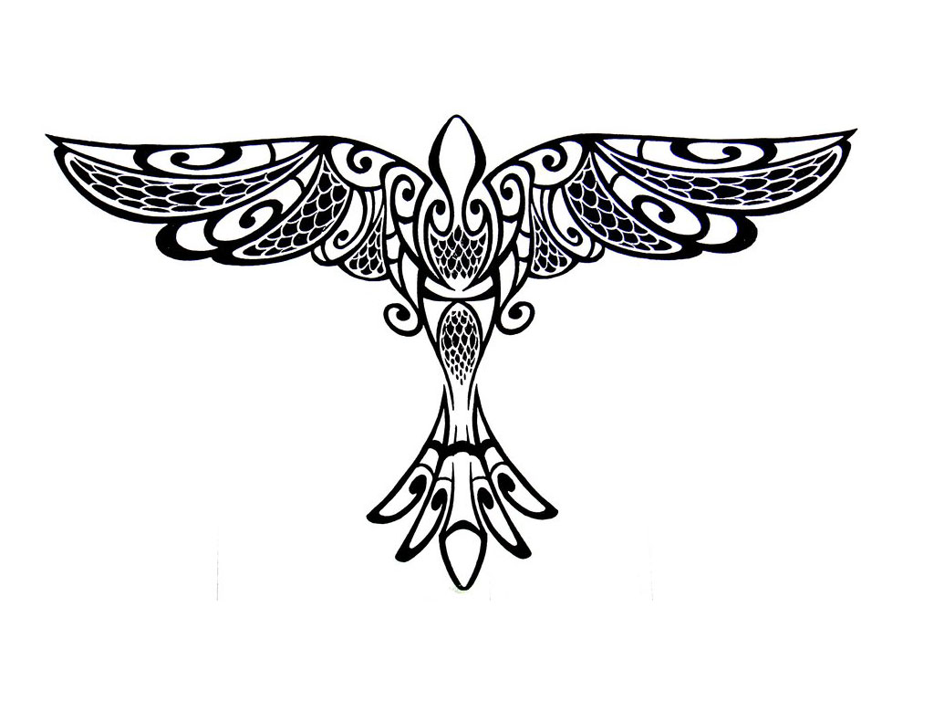 Fantastic tribal open-winged bird tattoo design