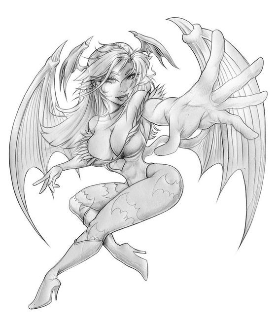 Fantastic uncolored animated female angel with bat wings tattoo design