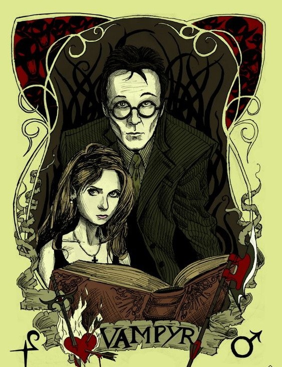 Assassino de vampiro fantástico com seu professor lendo um projeto de tatuagem do livro