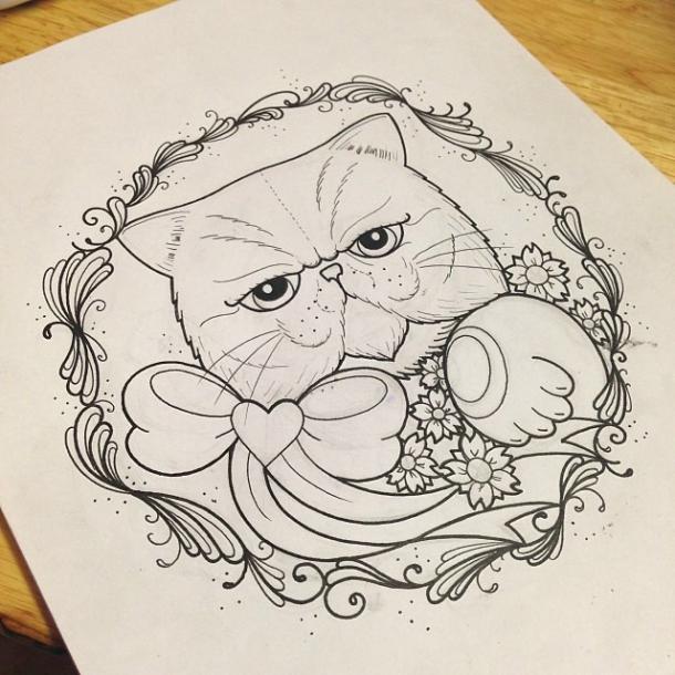 Fat cat with a bow in beautiful frame tattoo design