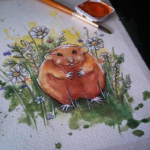 Fat colored rodent standing in high flowered grass tattoo design
