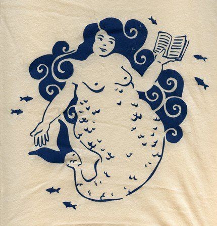 Fat curly-haired mermaid reading a book tattoo design