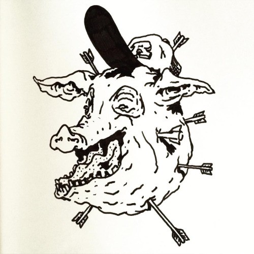 Fat laughning pig head in cap pierced with arrows tattoo design