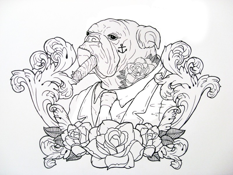 Fat outline bulldog in suit with sigarette tattoo design