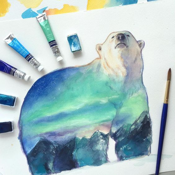 Fat polar bear with colorful sky and mountains view tattoo design