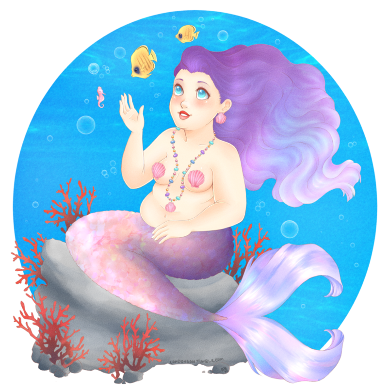 Fat purple mermaid resting on sea bottom by Londonsan