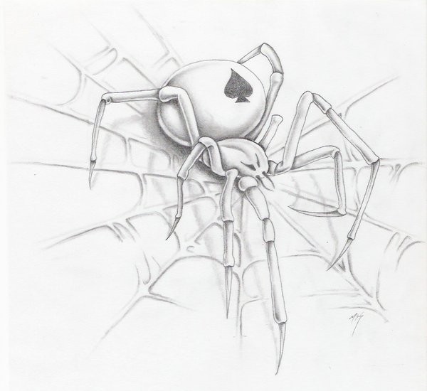 Fat spider with card spades sign print tattoo design by Mark Fellows