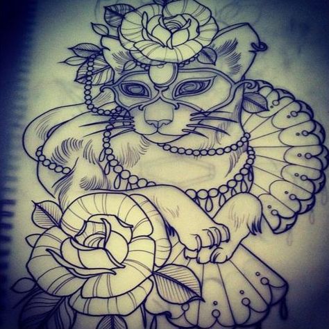 Female cat in mask with fans and flowers tattoo design