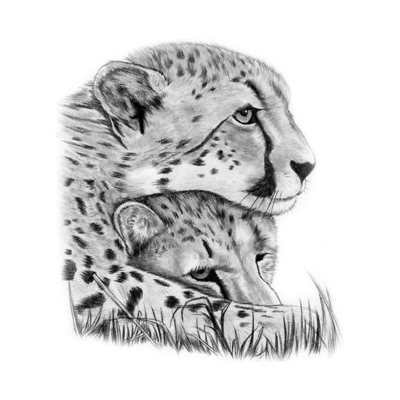 Fine black-and-white cheetah mom embracing her baby tattoo design